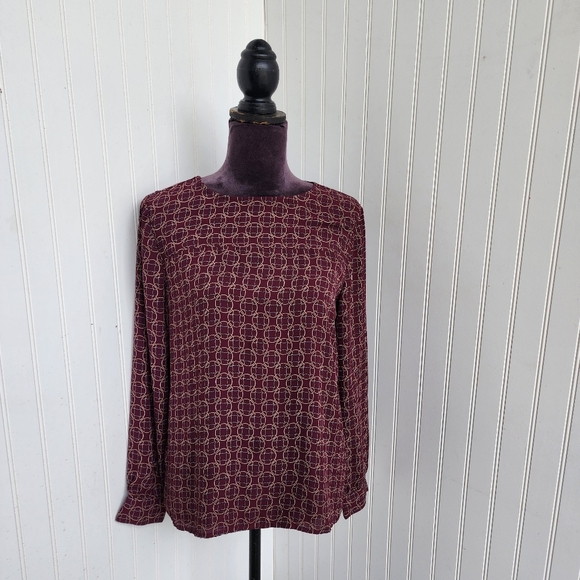 Loft Ann Taylor Burgundy Long Sleeve Red Patterned Keyhole Long Sleeve Blouse S - Picture 1 of 12